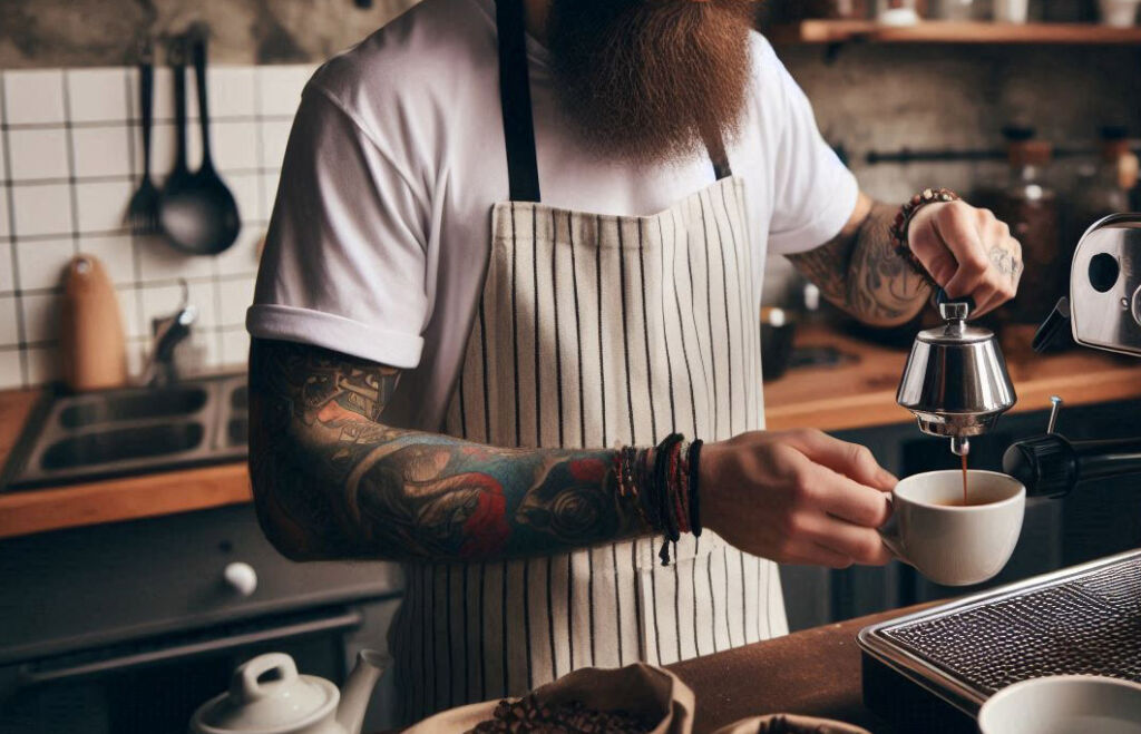 A man being a Barista in his home kitchen