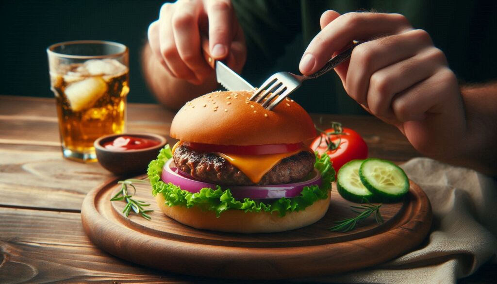 A burger being eaten using a knife and fork