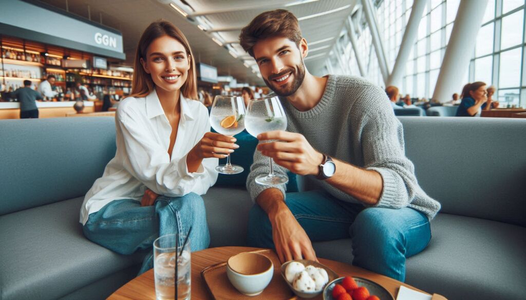 A couple enjoying glasses of gin at the airport