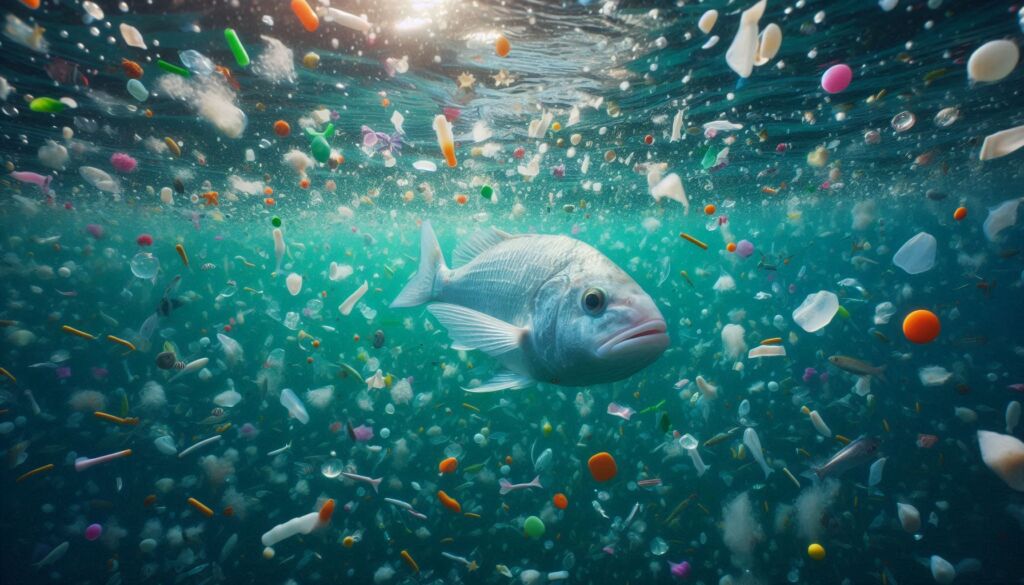 A fish swimming through a polluted sea