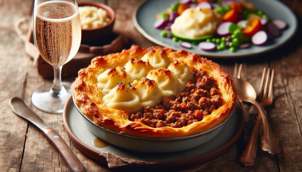 A Shepherd's Pie with a glass of bubbly