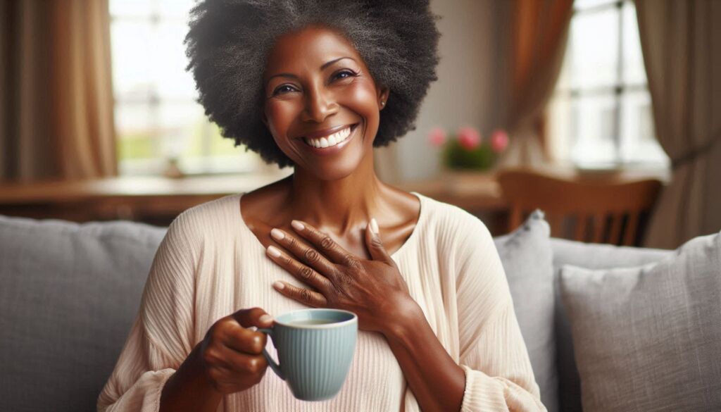 A woman drinking tea with her hand on her heart