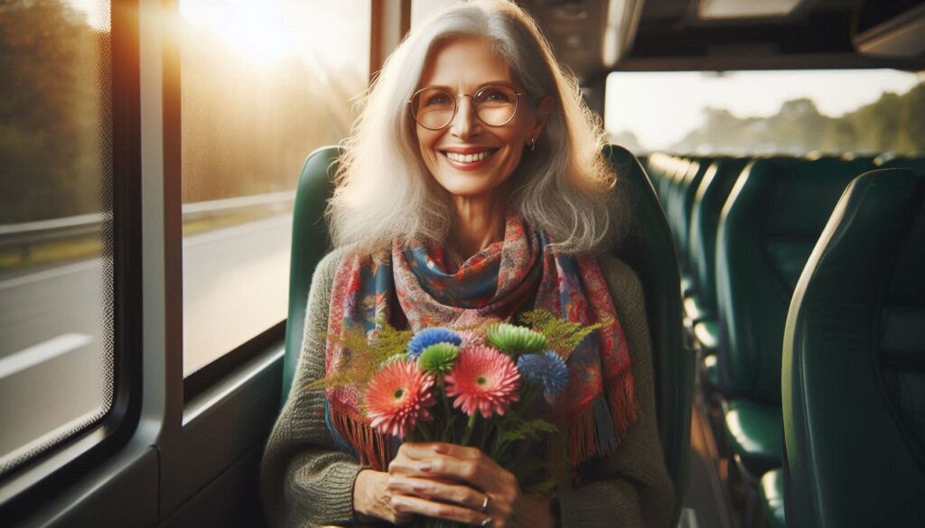 A woman holding a bunch of flowers sitting on a bus