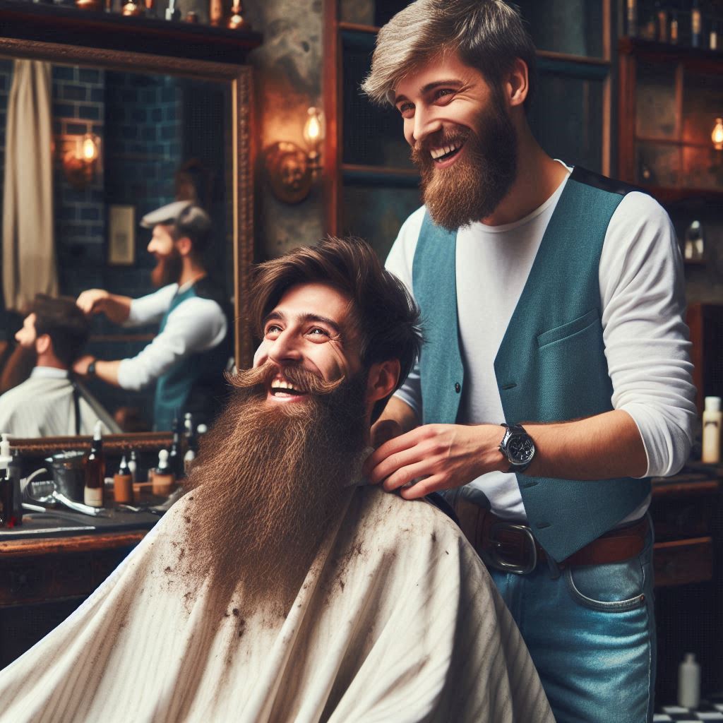 A smiling bearded man in a barbers chair