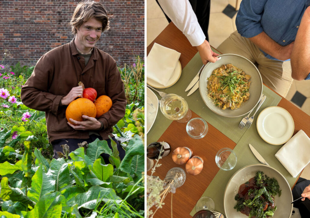 A photograph of fresh produce being collected from the garden and one of a fully prepared meal