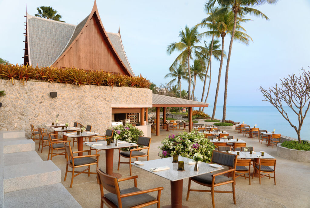 Outdoor dining tables at the resort