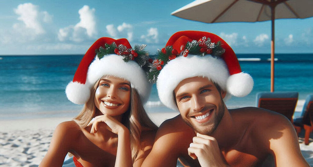 A couple wearing festive hats on sun loungers on a beach