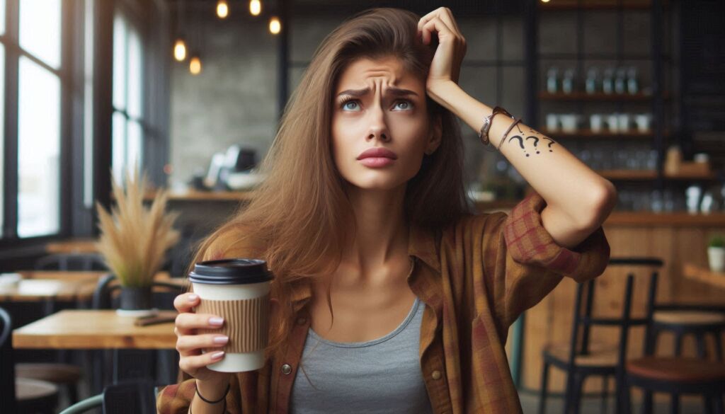 A confused woman in a coffee shop