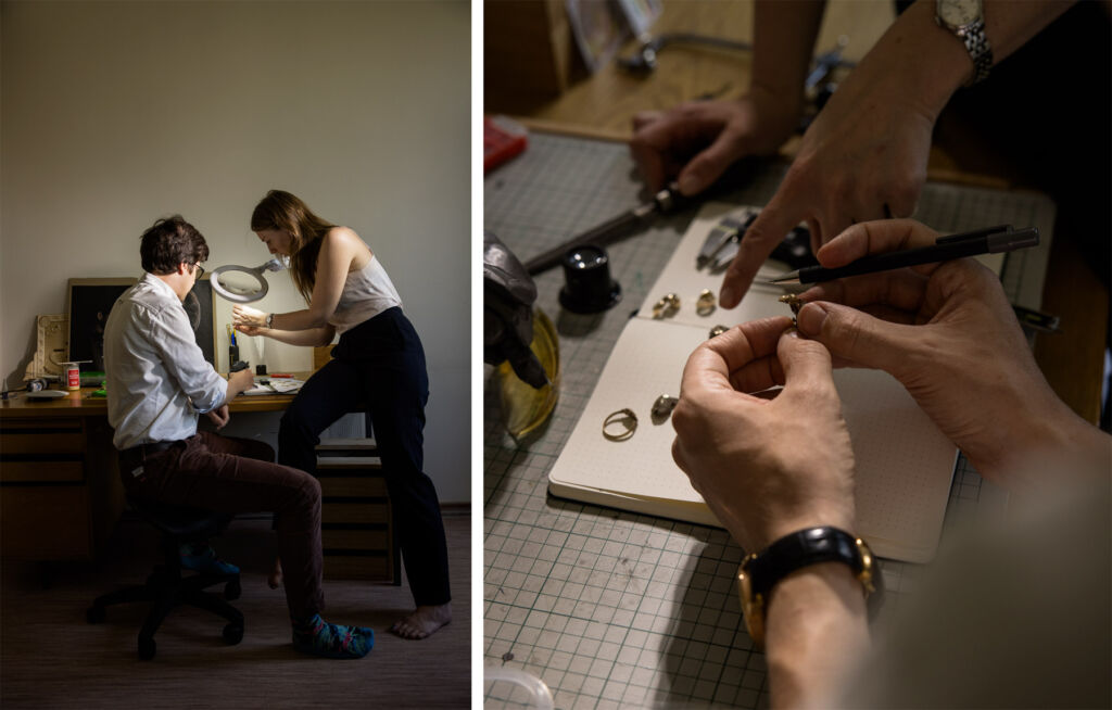 Two photos of the couple designing pieces