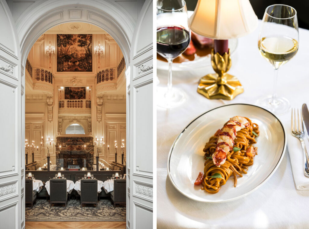 A photograph of the doors into the main dining room and one of a lobster dish