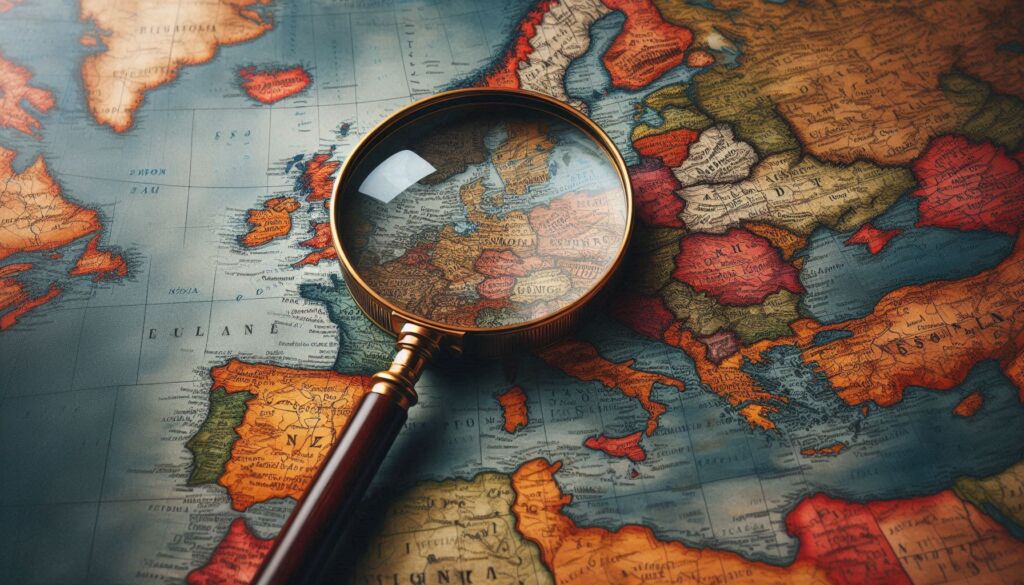 A map of Europe with a magnifying glass on it