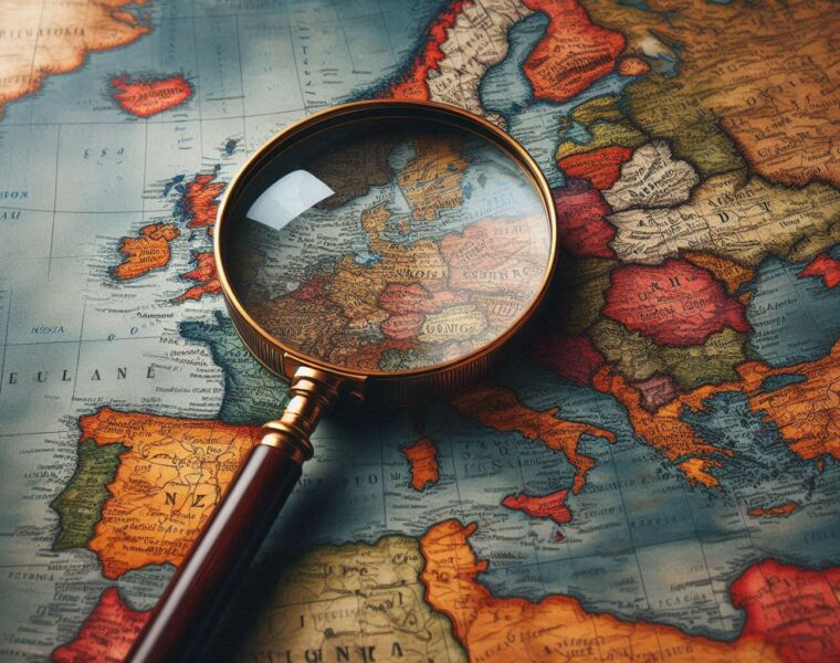 A map of Europe with a magnifying glass on it