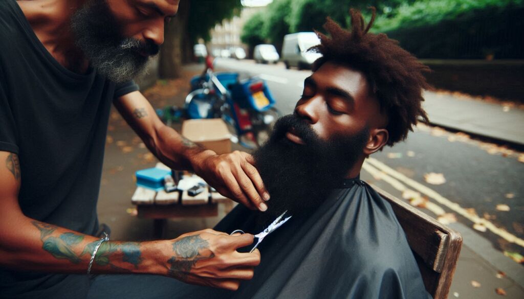 A man getting his beard trimmed on a bench