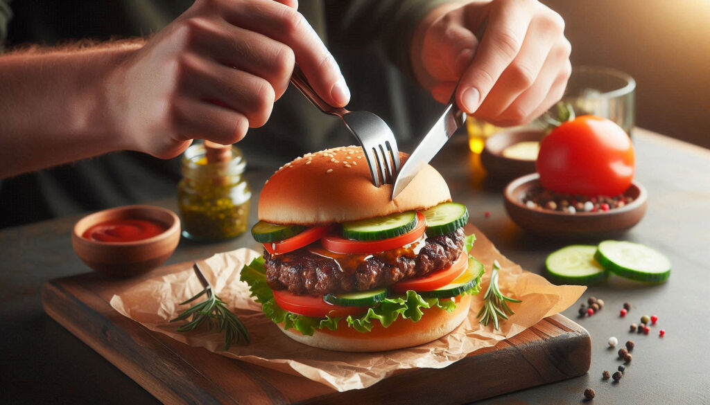 Cutting a burger using a knife and fork