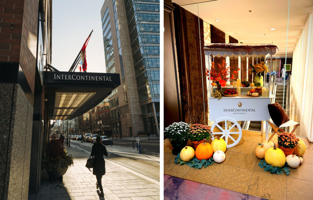 A photograph of the hotel entrance and one of the seasonal interior decorations