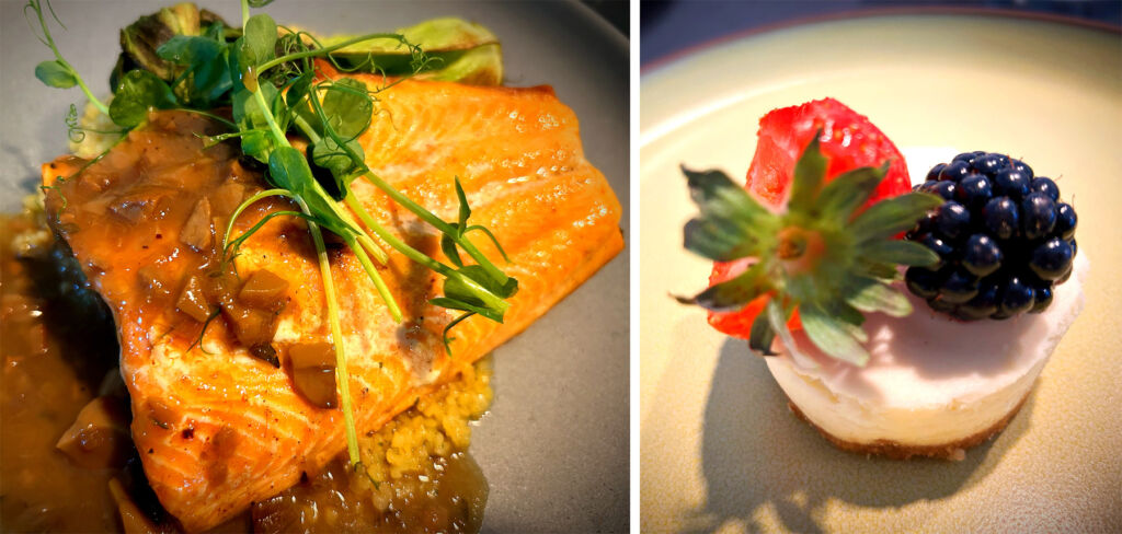 A photograph of the trout dish and one of the cheesecake dessert