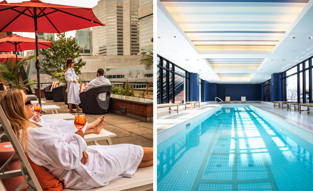 A photograph of the pool terrace and one of the swimming pool