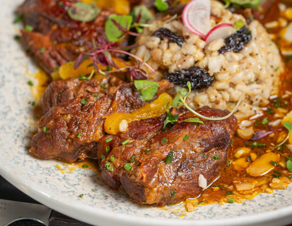 A close up view of the braised lamb dish