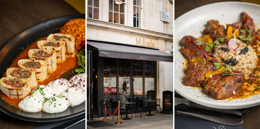 Two photographs of the food and one of the entrance to the restaurant