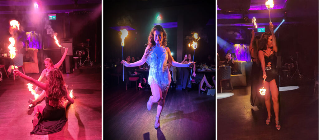 Three photographs of the fire-eaters and dancers at the restaurant