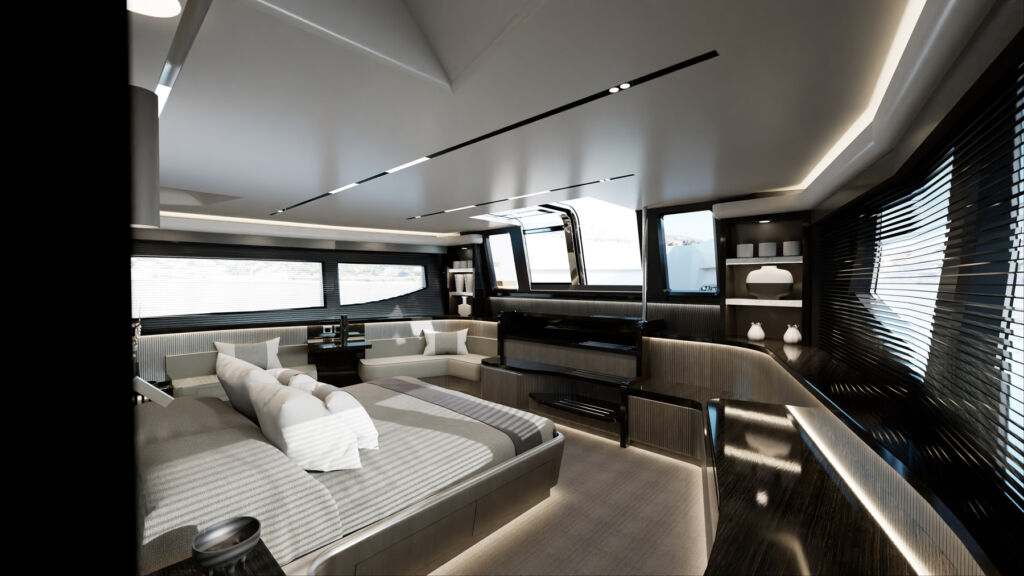 The owner's suite in the Pear 82 Yacht