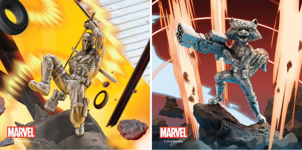 The Rocket Racoon and Deadpool figurines in the Marvel collection