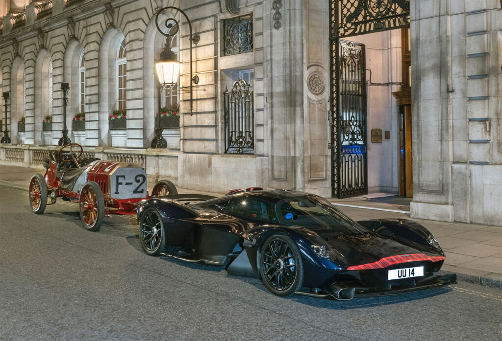 The Aston Martin Valkyrie parked in a famous London road at night 