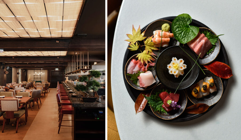 A photograph of the restaurant interior and a food dish