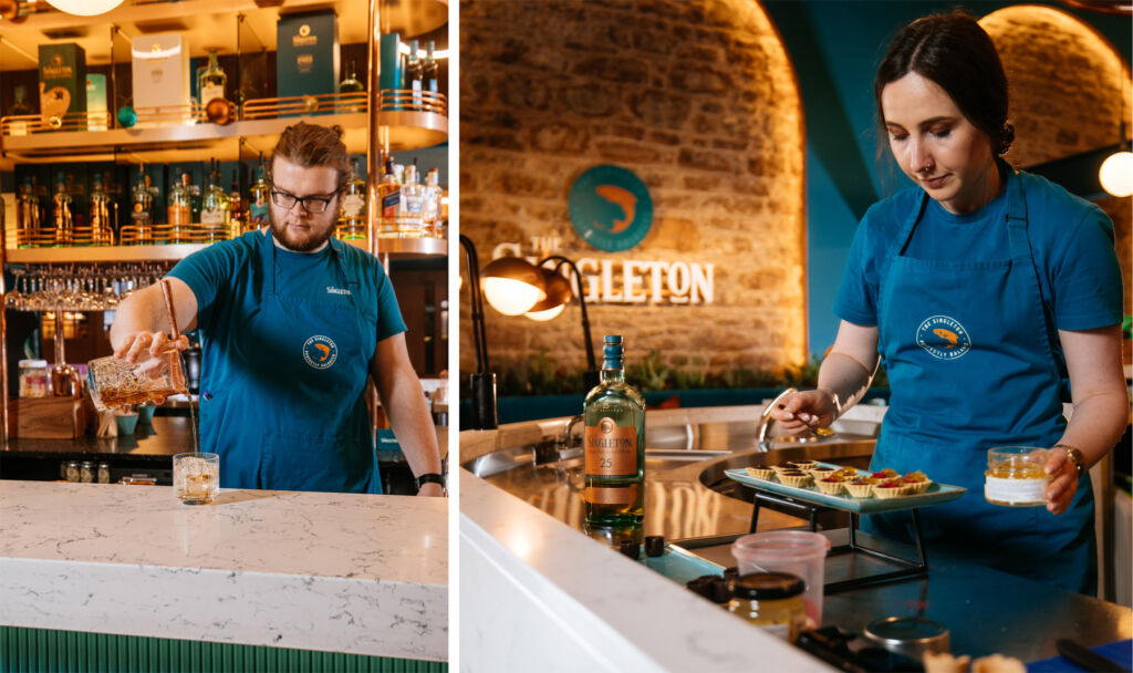 A photograph of a team member pouring a dram and one of the team preparing canapes