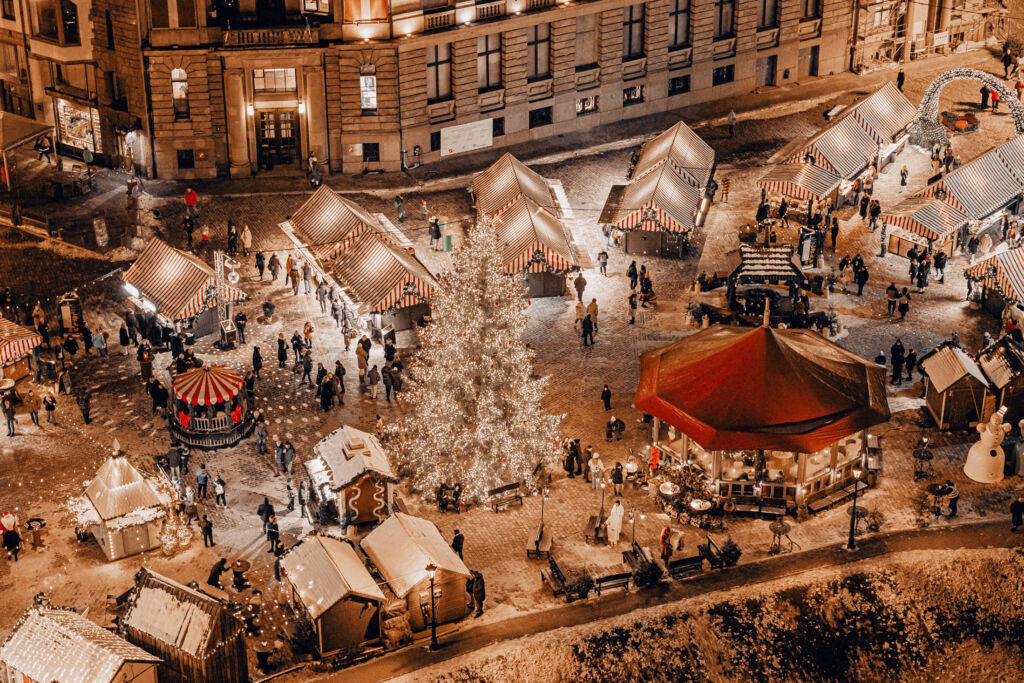 An aerial view of the Christmas market in Riga