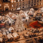 An aerial view of the Christmas market in Riga