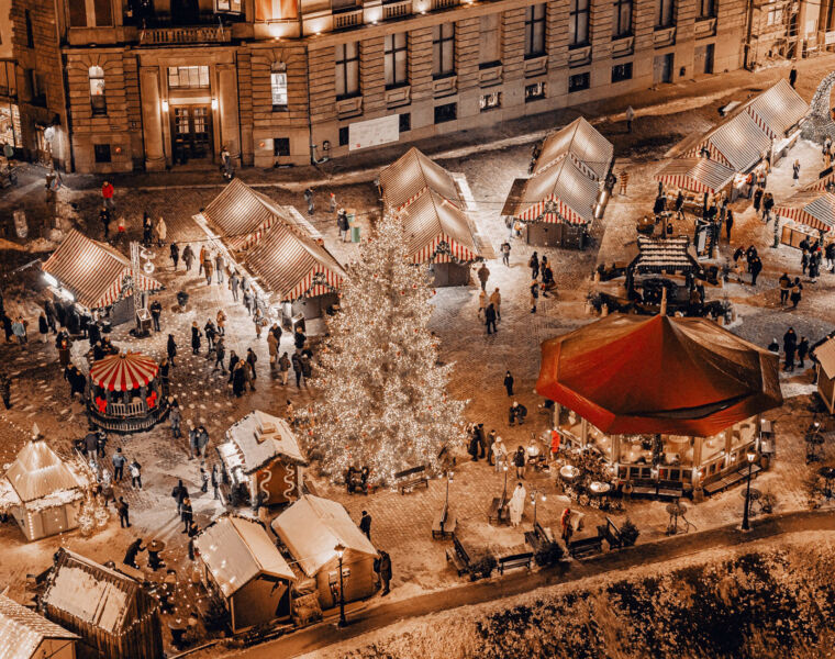 An aerial view of the Christmas market in Riga