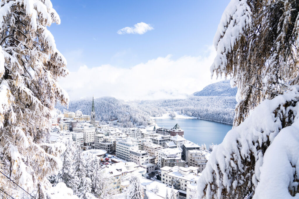 A view of St Moritz in the snow from a mountain top