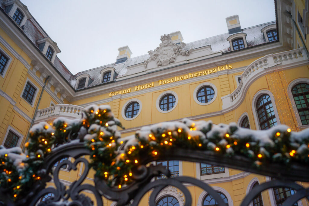 The festive decorations on the gates leading into the hotel