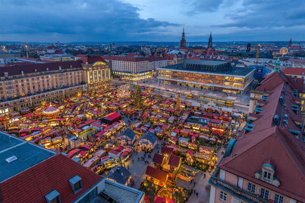 An aerial view of the Christmas market in Dresden