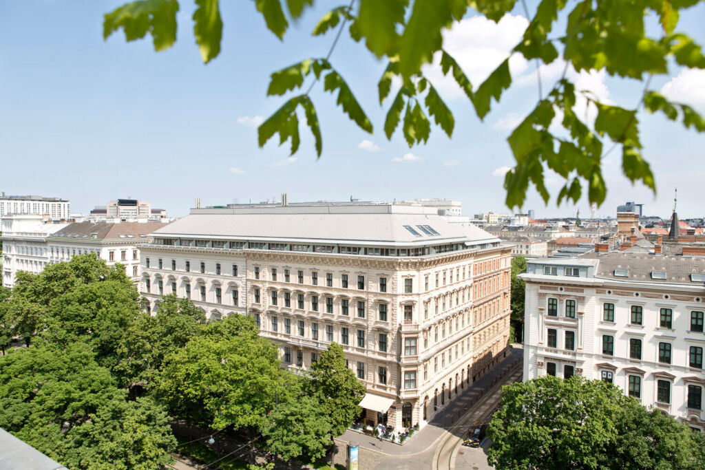 An elevated view of the exterior of the hotel