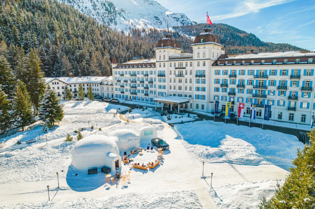 The snowy photograph of the hotel exterior