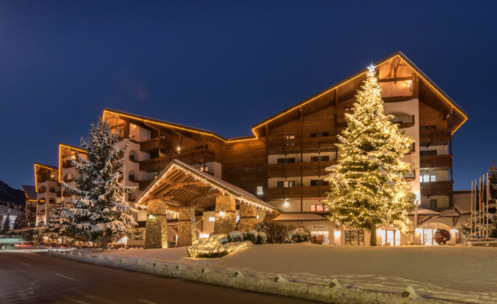 A photograph of the festive decorations outside the hotel