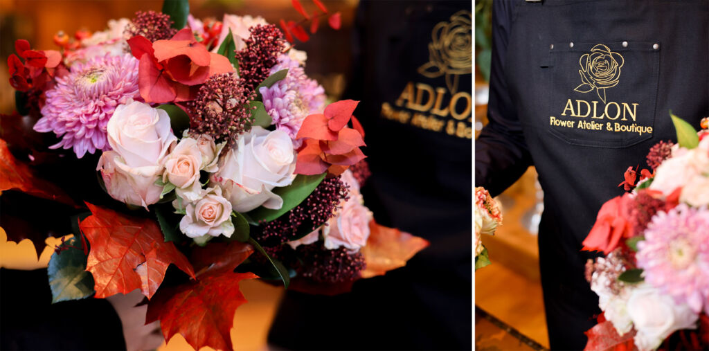 A photograph of a floral bouquet and one of a team member wearing the branded florist apron