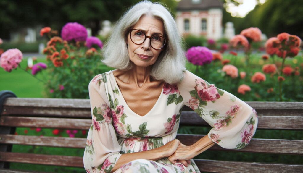 An older woman sat on a bench with a painful hip