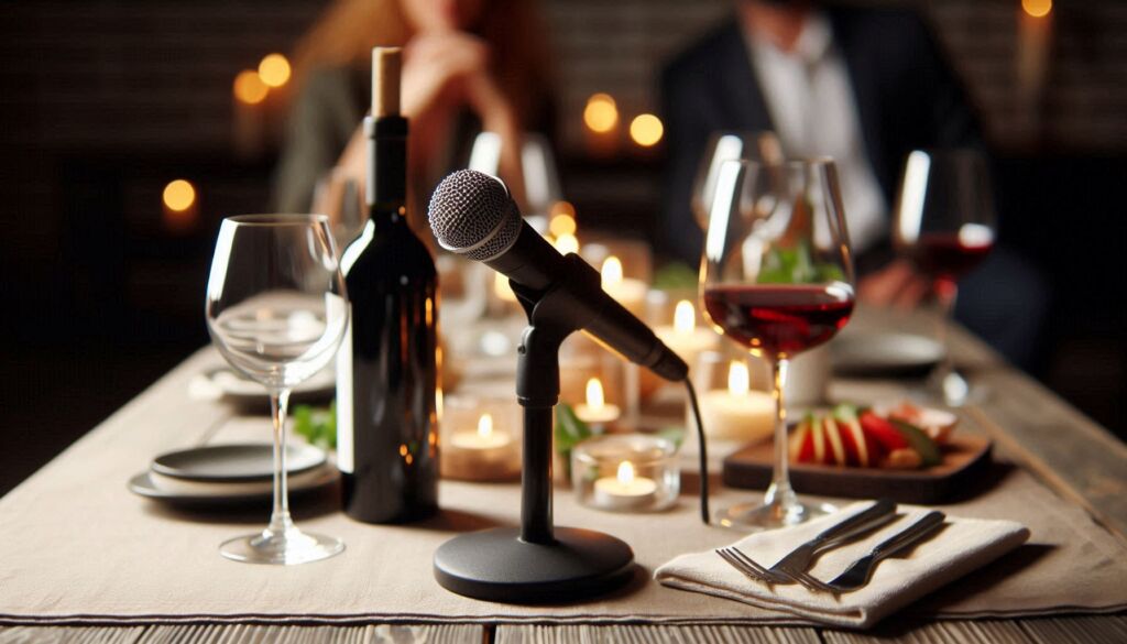 A microphone on a table with wine and nibbles