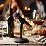 A microphone on a table with wine and nibbles