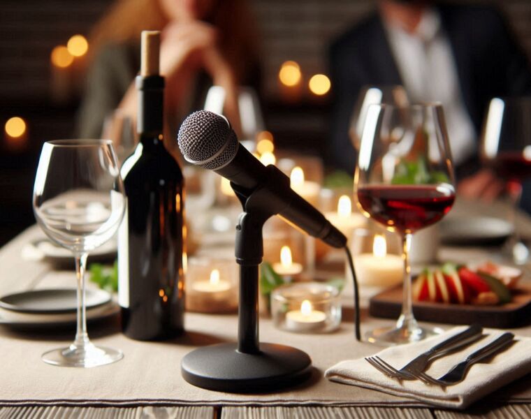 A microphone on a table with wine and nibbles