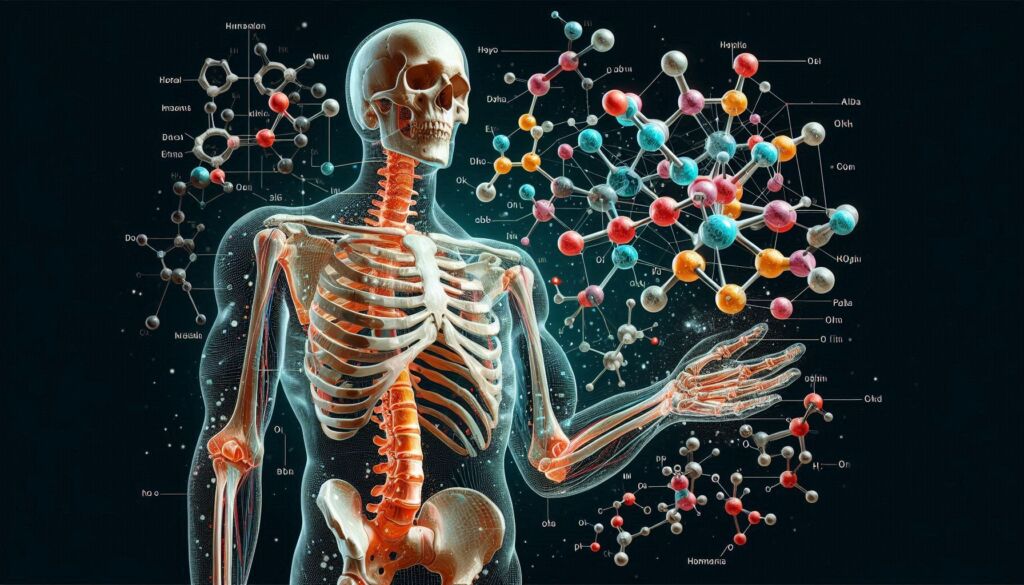 A graphic showing nutrients and and a human skeleton