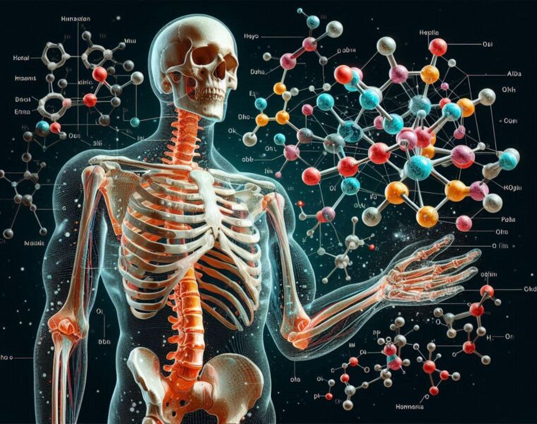 A graphic showing nutrients and and a human skeleton