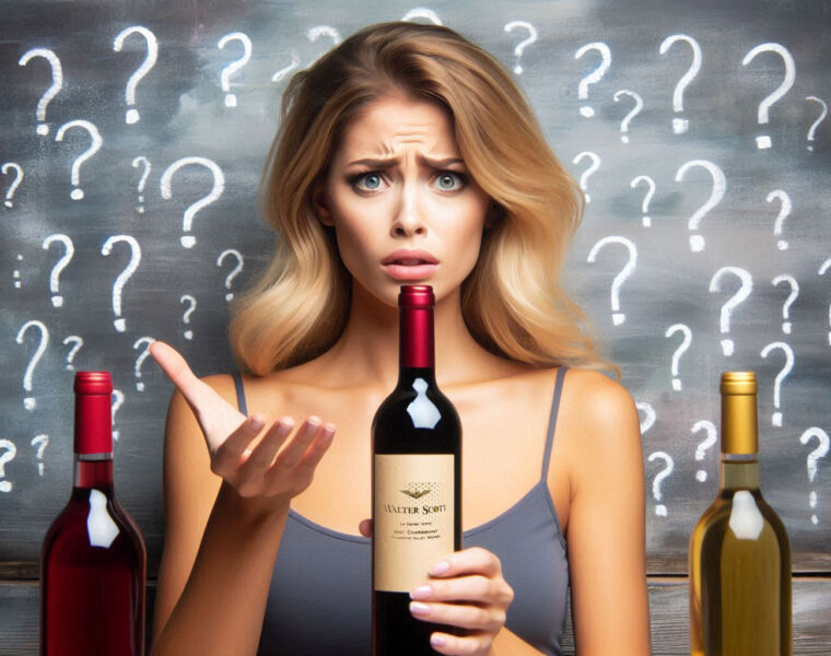 A confused woman holding a bottle of red wine