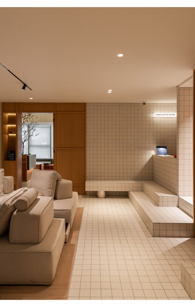 A living room area with a tiled floor