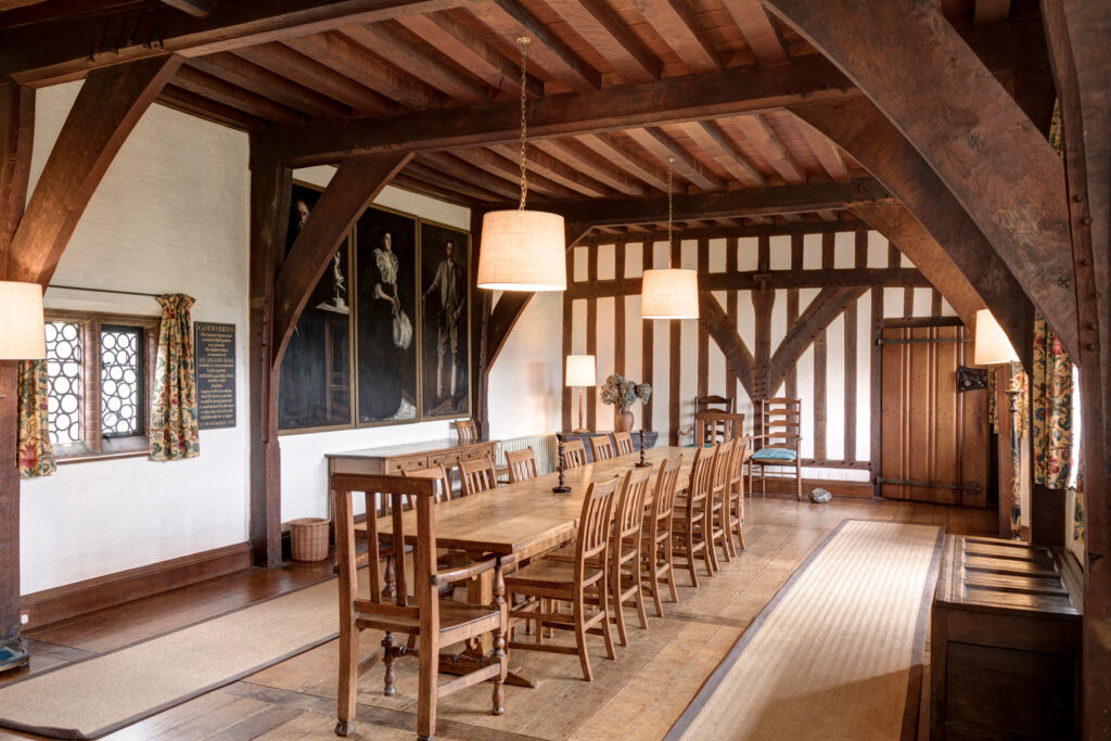 The wood beamed dining room inside Goddards