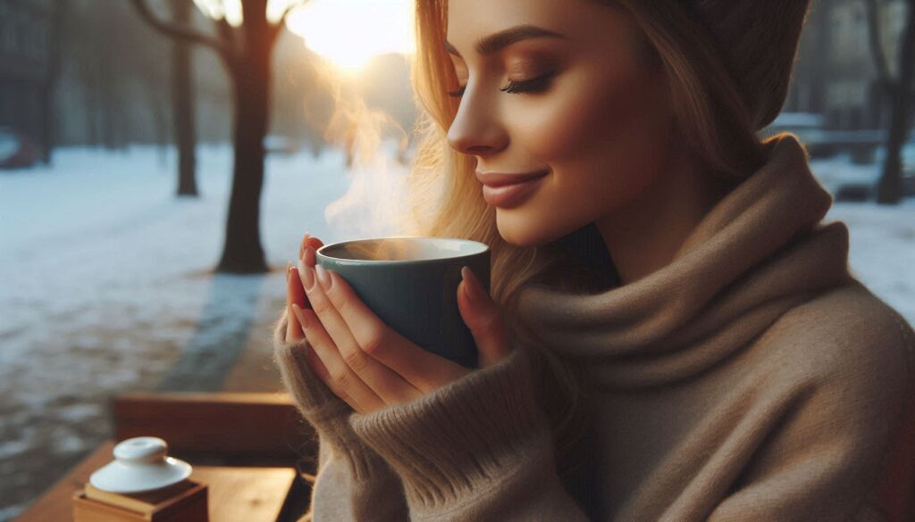 A woman enjoying a hot cuppa