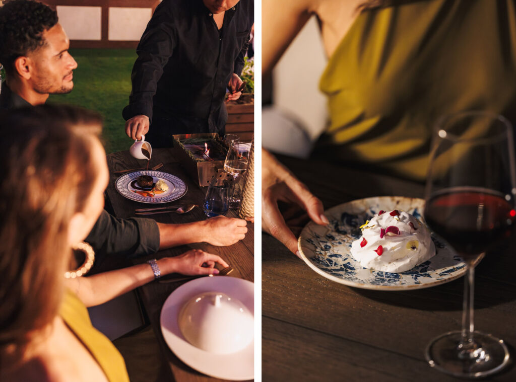 Two photographs of guests enjoying the international food dishes